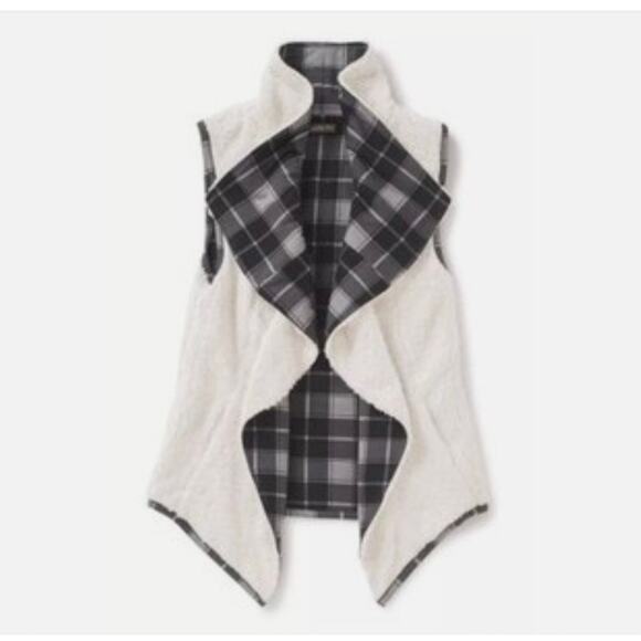 NWT Matilda Jane Plaid Faux Fur Lined Open Front Reversible Vest Gray Small - Picture 2 of 12